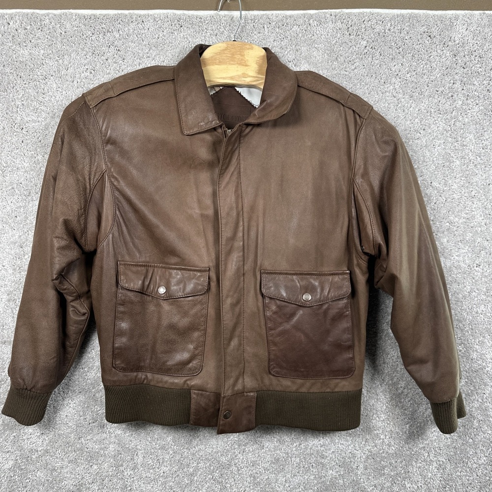 Vintage Preston & York Brown Leather Bomber Pilot Jacket Size M USA Map Lined